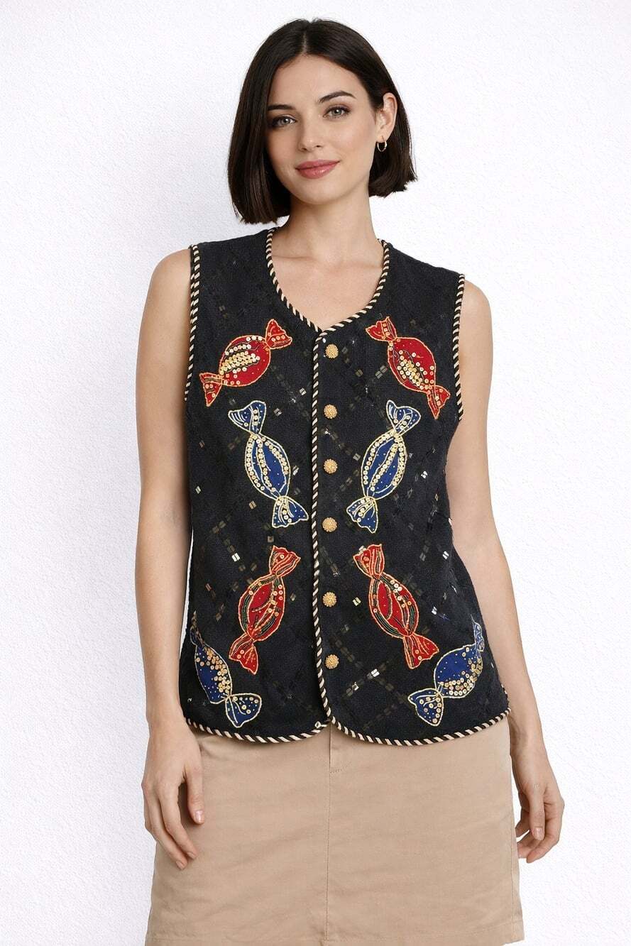 Vtg Womens Belle Pointe Blacknit Christmas Sweater Vest Candy A200 Large Nice